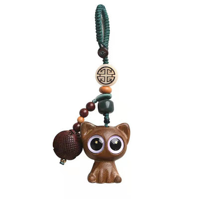 Buddha Stones Green Sandalwood Lucky Cat Koi Fish Cure Key Chain Phone Hanging Decoration Key Chain BS 24
