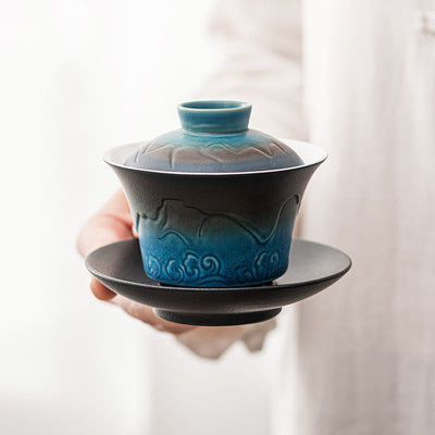 Buddha Stones Retro Blue Ocean Sea Waves Gradient Ceramic Gaiwan Sancai Teacup Kung Fu Tea Cup And Saucer With Lid Cup BS Blue Black Gradient 11.3*9.3cm*120ml
