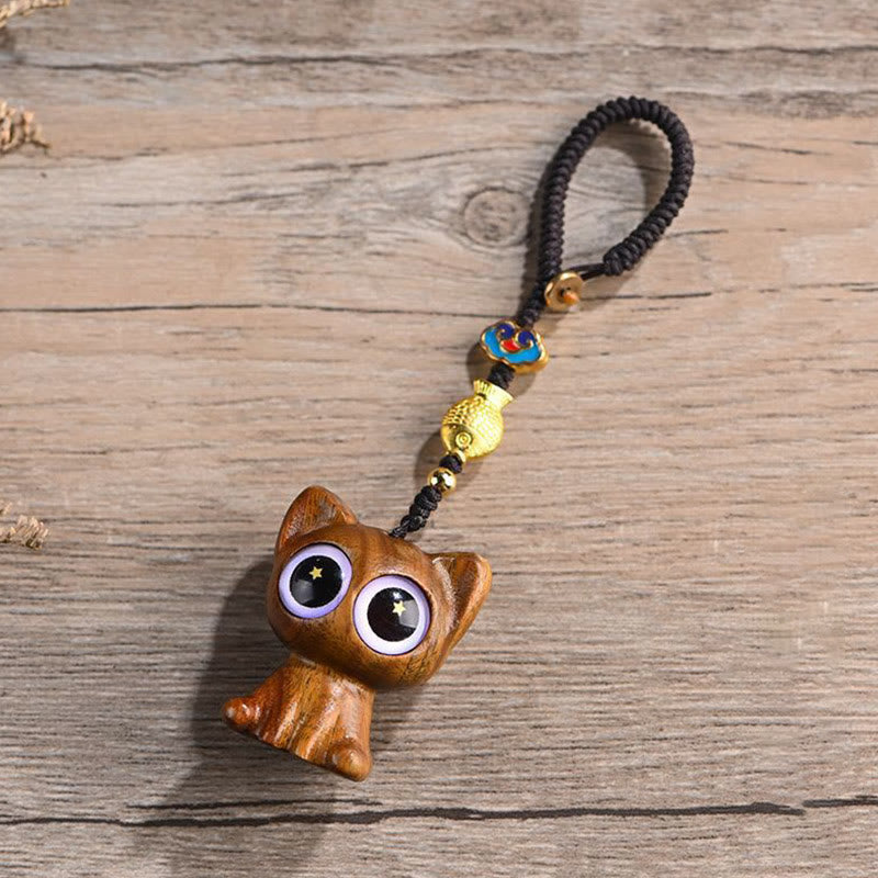 Buddha Stones Green Sandalwood Lucky Cat Koi Fish Cure Key Chain Phone Hanging Decoration Key Chain BS Green Sandalwood Cat Key Chain