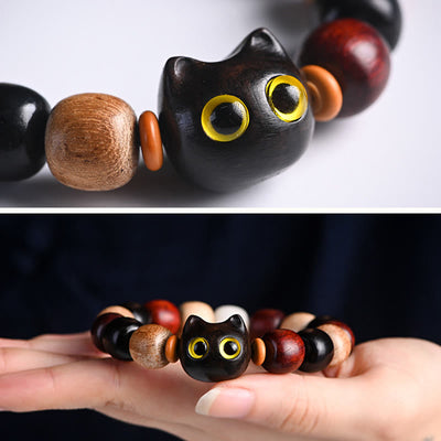 Bracelet de protection Foviel à gravure de chat mignon en bois de santal rouge à petites feuilles et bois d'ébène
