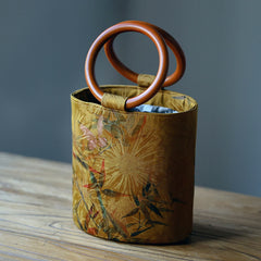 Buddha Stones Bamboo Leaf Butterfly Cherry Blossom Persimmon Wood Handle Handbag Handbags BS Bamboo Leaf Butterfly 16*17*12cm