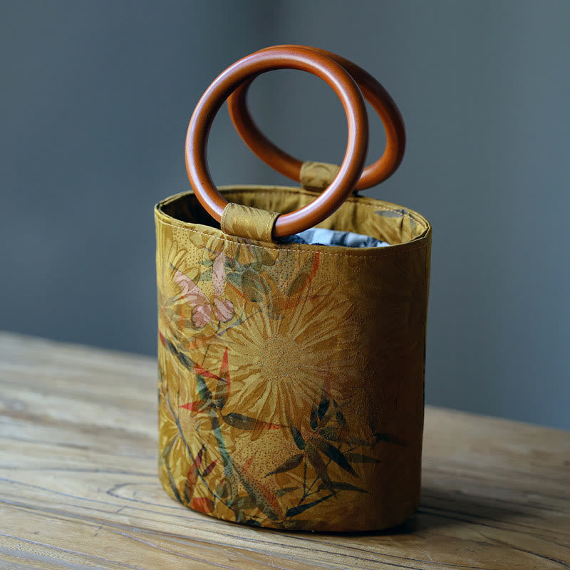 Buddha Stones Bamboo Leaf Butterfly Cherry Blossom Persimmon Wood Handle Handbag Handbags BS Bamboo Leaf Butterfly 16*17*12cm