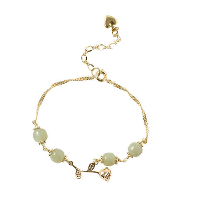 Buddha Stones 14K Gold Plated Hetian Jade Golden Rose Flower Luck Chain Bracelet Bracelet BS 11