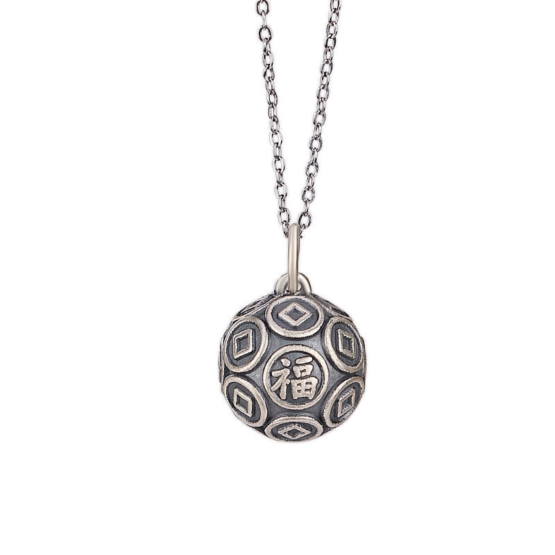 Buddha Stones 990 Sterling Silver Fu Character Copper Coin Luck Fortune Chain Necklace Pendant Necklaces & Pendants BS 5