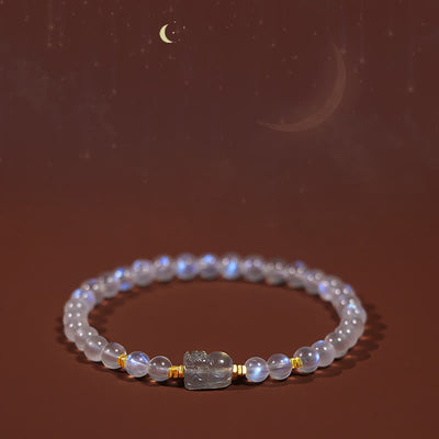 Buddha Stones 925 Sterling Silver Plated Gold Natural Moonstone PiXiu Healing Bracelet Bracelet BS 9