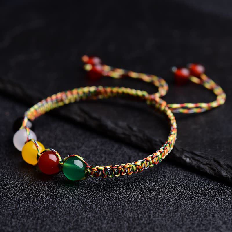 Buddha Stones Colorful Agate Metal Wood Water Fire Earth Five Elements String Bracelet Bracelet BS 7