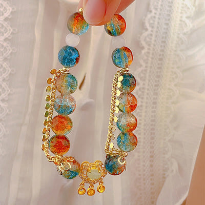 Buddha Stones Colorful Liuli Glass Bead Chinese Lock Charm Fortune Bracelet Bracelet BS 1