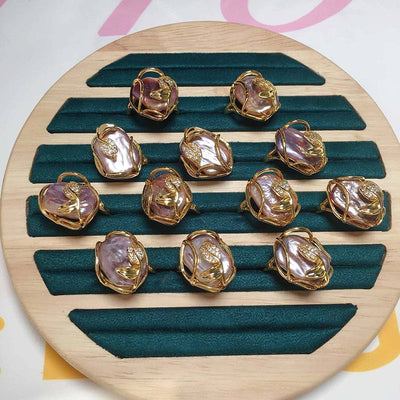 Buddha Stones Pearl Copper Plated Gold Flower Happiness Wealth Ring Ring BS 7