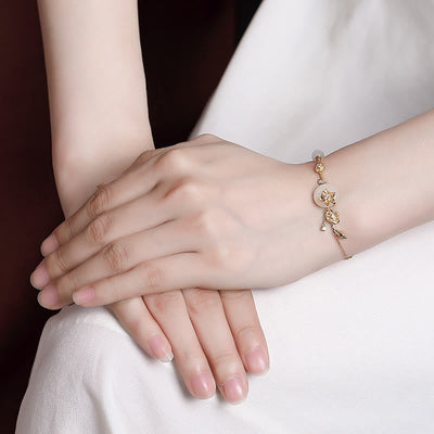 Buddha Stones 925 Sterling Silver Hetian Jade Peace Buckle Lotus Luck Chain Bracelet Bracelet BS 4