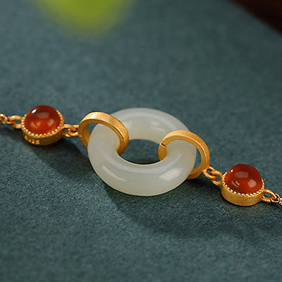 Buddha Stones 925 Sterling Silver Plated Gold Natural Hetian Jade Peace Buckle Red Agate Luck Bracelet Bracelet BS 3