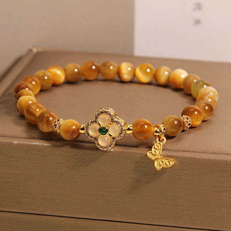 Buddha Stones Tiger Eye Four Leaf Clover Butterfly Protection Bracelet Bracelet BS 7