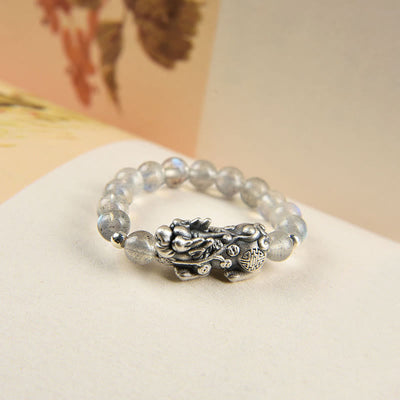 Buddha Stones 925 Sterling Silver Natural Garnet Moonstone Red Agate PiXiu Wealth Ring Ring BS Moonstone PiXiu