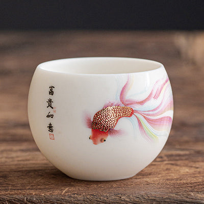 Buddha Stones Koi Fish White Porcelain Ceramic Teacup Kung Fu Tea Cup Cup BS Koi Fish 7.6cm*5.7cm*150ml