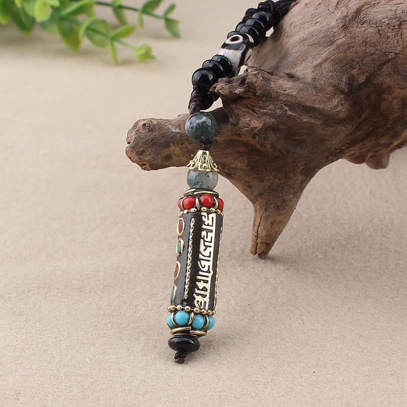 Buddha Stones Tibetan Om Mani Padme Hum Dzi Bead Wenge Wood Necklace Pendant Necklaces & Pendants BS 8