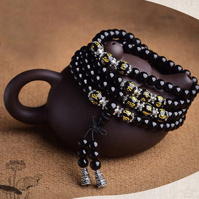 Buddha Stones Black Obsidian Six True Words Protection Mala Bracelet Mala Bracelet BS 5