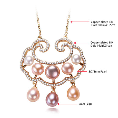 Buddha Stones 18K Gold Plated Natural Pearl Chinese Lock Charm Sincerity Necklace Pendant Necklaces & Pendants BS 4