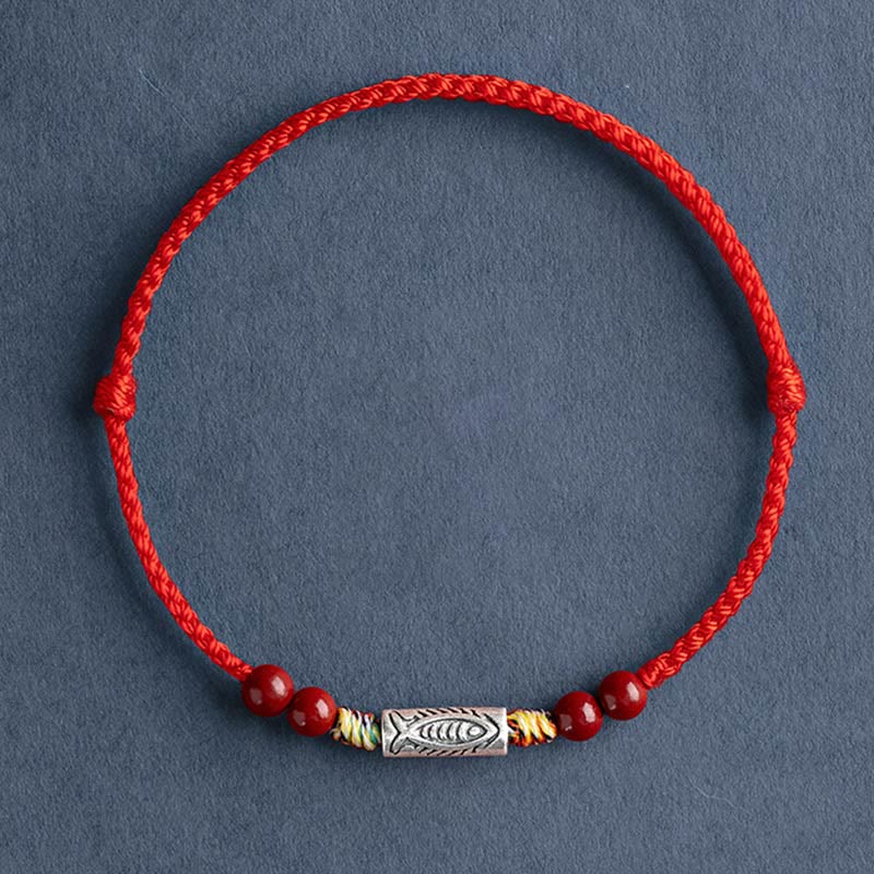 Buddha Stones 925 Sterling Silver Koi Fish Cinnabar Bead Wealth Handcrafted Braided Bracelet Anklet Bracelet Anklet BS 10