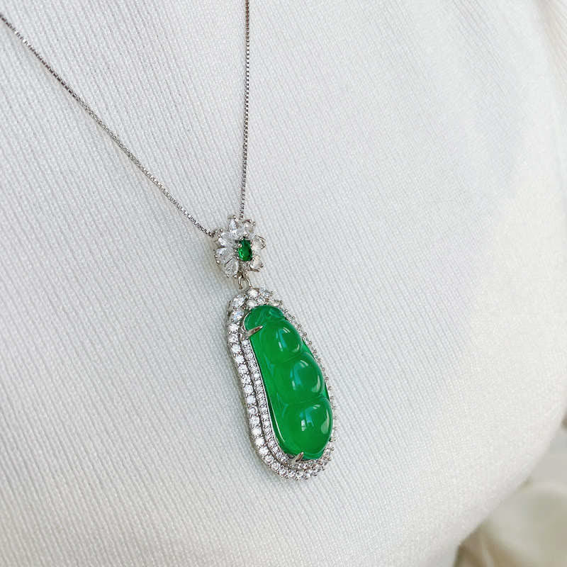 Buddha Stones Fortune Bean Cyan Jade Luck Necklace Pendant Necklaces & Pendants BS 4