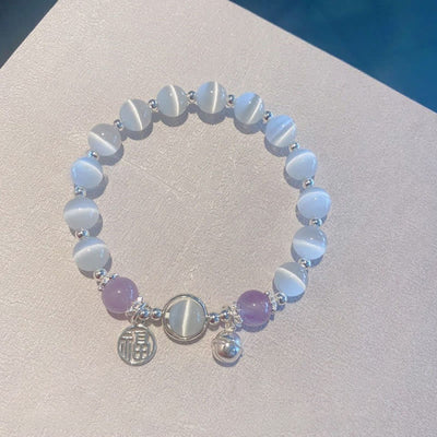 Buddha Stones Cat's Eye Amethyst Fu Character Bell Charm Support Bracelet Bracelet BS Cat's Eye&Amethyst