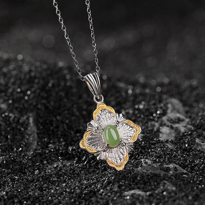 Buddha Stones 925 Sterling Silver Plated Gold Hetian Cyan Jade Rhombus Design Luck Healing Necklace Pendant Necklaces & Pendants BS Cyan Jade(Success♥Healing)