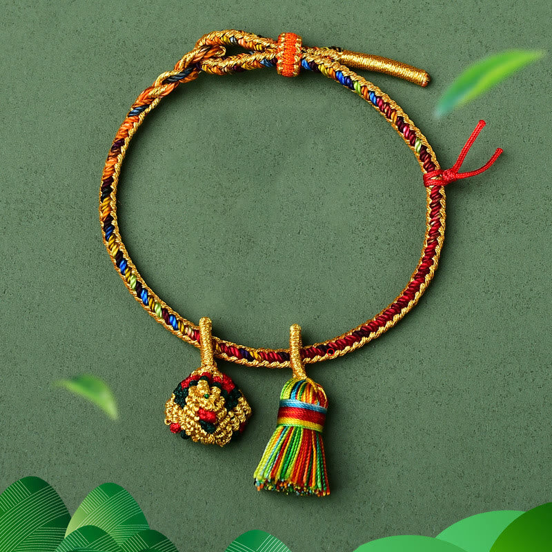 Buddha Stones Colorful Rope Luck Handmade Zongzi Golden Ball Charm Bracelet Bracelet BS Colorful Golden Zongzi Broom&Red String Adult(Wrist Circumference 16-19cm)