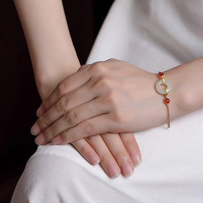 Buddha Stones 925 Sterling Silver Plated Gold Natural Hetian Jade Peace Buckle Red Agate Luck Bracelet Bracelet BS 4