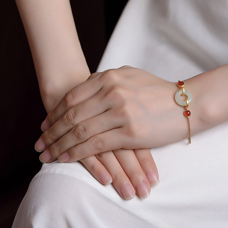 Buddha Stones 925 Sterling Silver Plated Gold Natural Hetian Jade Peace Buckle Red Agate Luck Bracelet Bracelet BS 4