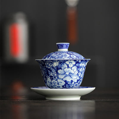 Buddha Stones Vintage Blue And White Porcelain Ceramic Gaiwan Sancai Teacup Kung Fu Tea Cup And Saucer With Lid Cup BS 12