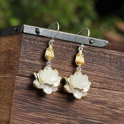 Buddha Stones White Jade Protection Harmony Drop Earrings Earrings BS Lotus