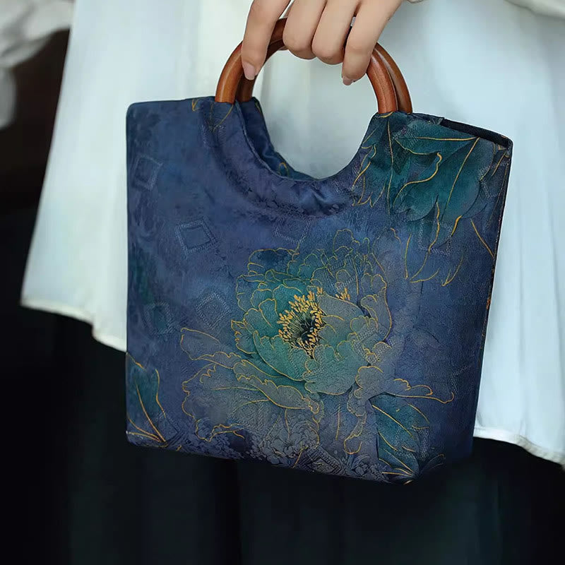 Buddha Stones Peony Flower Bamboo Leaves Bird Solid Wood Handle Handbag Handbags BS 1