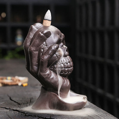 Buddha Stones Halloween Skull With Ghost Hand Purple Clay Spiritual Incense Burner Decoration Incense Burner BS 4