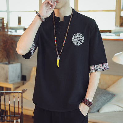 Buddha Stones Frog-Button Dragon Embroidery Chinese Tang Suit Short Sleeve Shirt Linen Men Clothing Men's Shirts BS 30