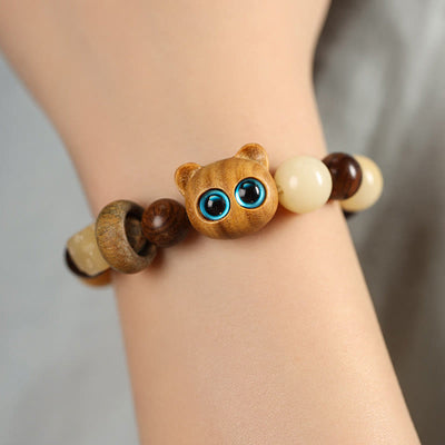 Buddha Stones Natural Bodhi Seed Sandalwood Lucky Cute Cat Head Paw Claw Peace Bracelet Bracelet BS 9