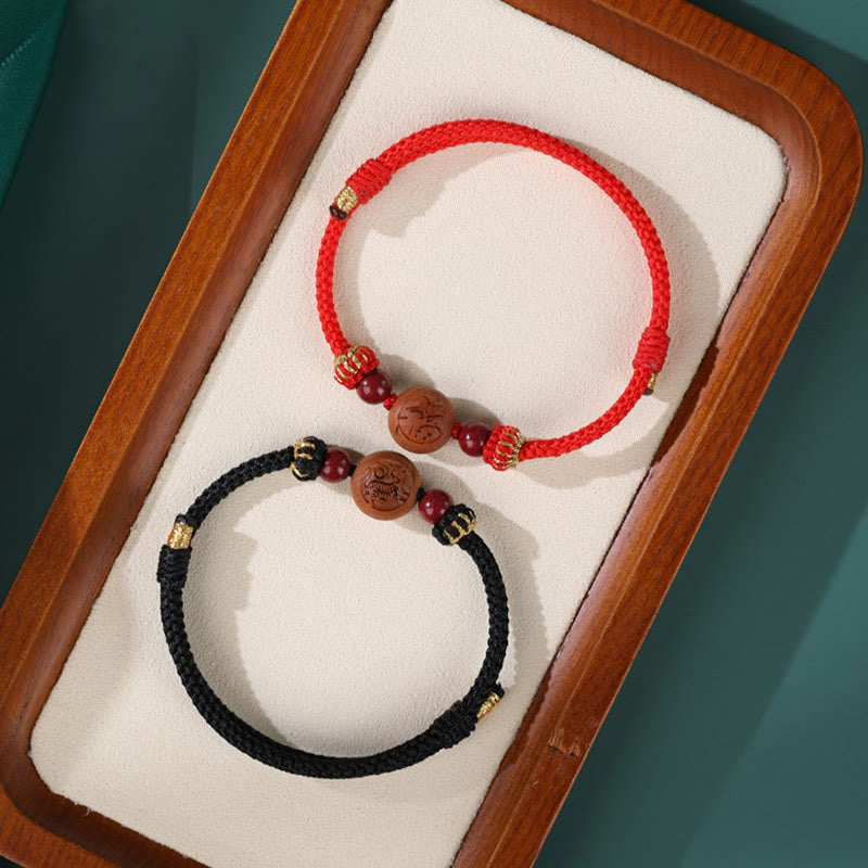 Buddha Stones Natural Peach Wood Chinese Zodiac Fu Character Carved Cinnabar Wealth Bracelet Bracelet BS 14