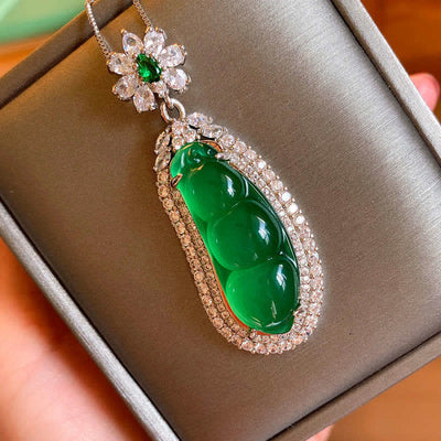Buddha Stones Fortune Bean Cyan Jade Luck Necklace Pendant Necklaces & Pendants BS 7