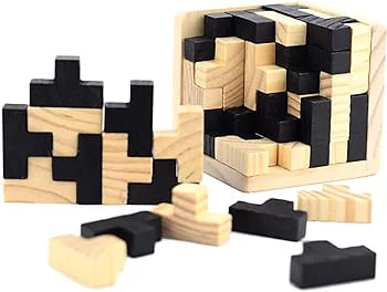 Fidtoy Wooden IQ Brain Teaser Puzzle Cube 54 Pieces 3D T Shape L Shape Logic Puzzle with Tin Box for Kids Ages 6+