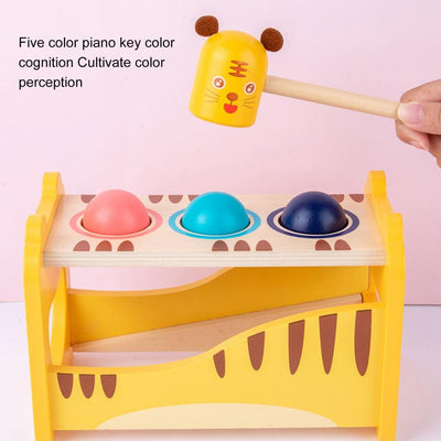 Fidtoy Wooden Tiger Pound Hammering Table with Xylophone, Wooden Hammering Table and Slide-Out Xylophone Music Toy for Fine Motor Skills, Hand-Eye Coordination and Rhythm Play