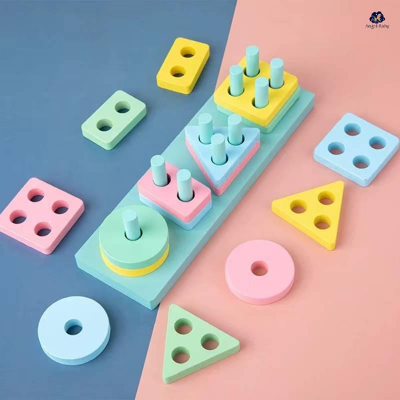 Fidtoy Wooden Four Columns Shape Sorting Kit 17-Piece Color Sorting Stacking Blocks Toy for Kids Ages 2 to 6