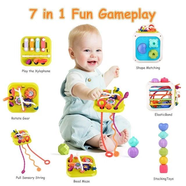 Fidtoy 7-in-1 Multifunctional Shape Sorting Box for Toddlers, Montessori Activity Cube with Shape Sorter, Beads, Gears, Pull String and Stacking Blocks