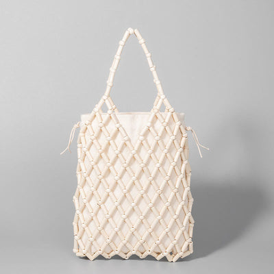 Buddha Stones Hand-woven Mesh Hollow Wooden Beads Handbag Handbags BS White 15*4*25cm