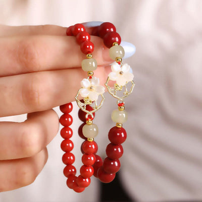 Buddha Stones Natural Cinnabar Jade Beaded Tridacna Stone Flower Blessing Bracelet Bracelet BS 1