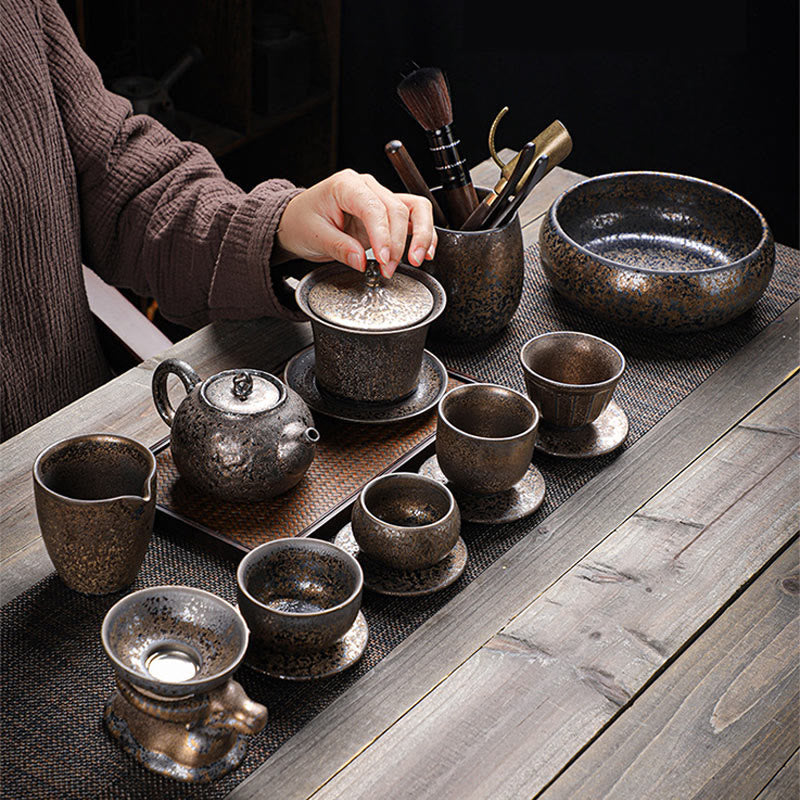 Buddha Stones Retro Rust Glaze Ceramic Gaiwan Sancai Teacup Kung Fu Tea Cup And Saucer With Lid Cup BS 7