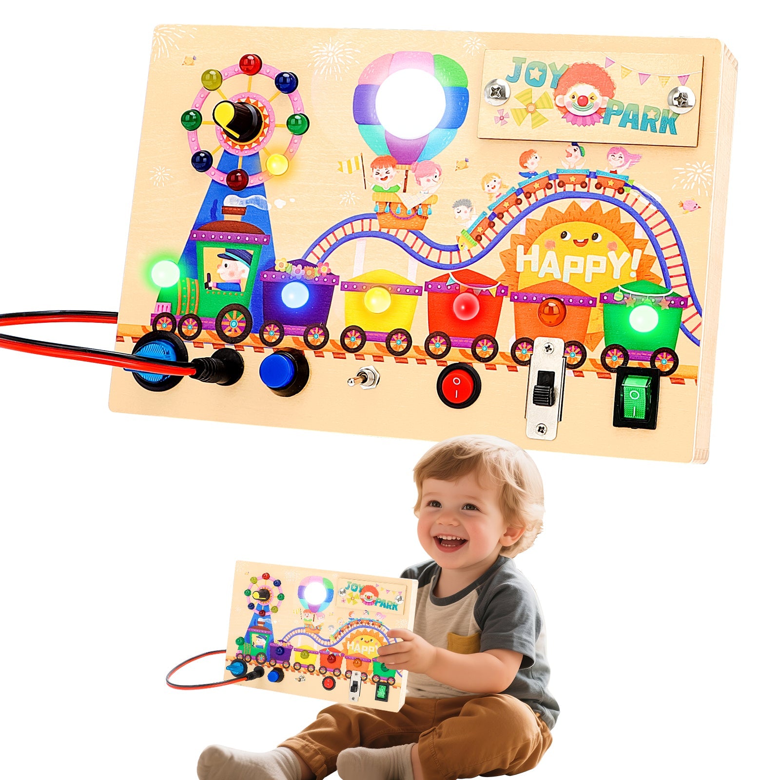 Fidtoy Montessori Wooden Busy Board -Light-Up Sensory Activity Toy for Toddlers, Fine Motor Skills Learning Toy for Ages 1-4, Travel-Friendly Fidget Board for Boys & Girls