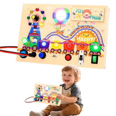 Fidtoy Montessori Wooden Busy Board -Light-Up Sensory Activity Toy for Toddlers, Fine Motor Skills Learning Toy for Ages 1-4, Travel-Friendly Fidget Board for Boys & Girls
