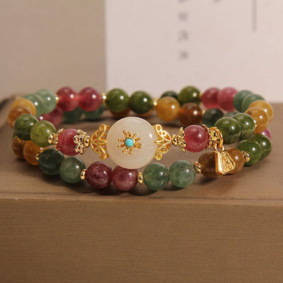 Buddha Stones Natural Multicolored Tourmaline Positive Jade Flower Double Wrap Bracelet Bracelet BS 6