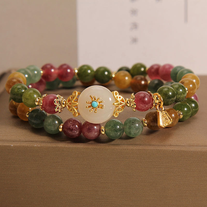 Buddha Stones Natural Multicolored Tourmaline Positive Jade Flower Double Wrap Bracelet Bracelet BS 6