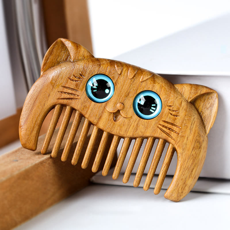 Buddha Stones Simple Cat Pattern Green Sandalwood Cure Portable Comb Comb BS 1
