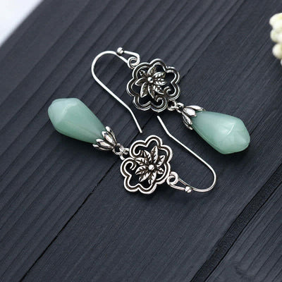 Buddha Stones Magnolia Flower Jade Water Drop Prosperity Dangle Earrings Earrings BS 3