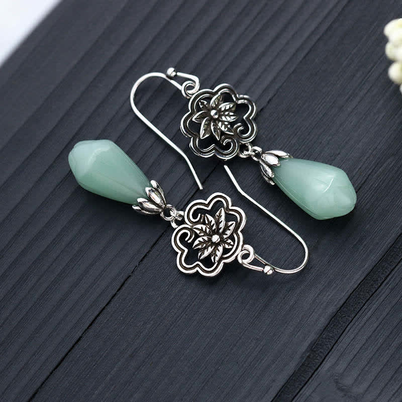Buddha Stones Magnolia Flower Jade Water Drop Prosperity Dangle Earrings Earrings BS 3
