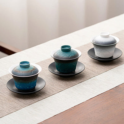 Buddha Stones Retro Blue Ocean Sea Waves Gradient Ceramic Gaiwan Sancai Teacup Kung Fu Tea Cup And Saucer With Lid Cup BS 12